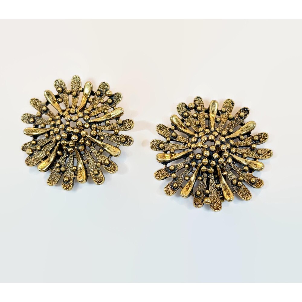 Vintage Earrings, Gold Tone, Flowers, 80s, Large, Statement, Clip-Ons
